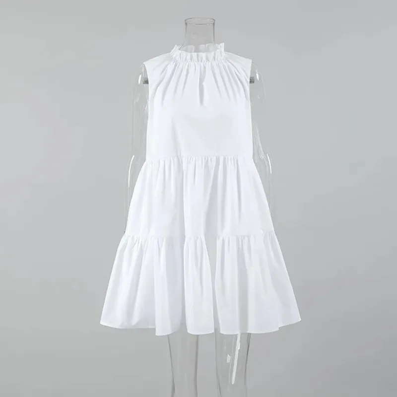 European and American minimalist style white loose round neck dress for women 2025 summer new commuting A-line skirt short skirt