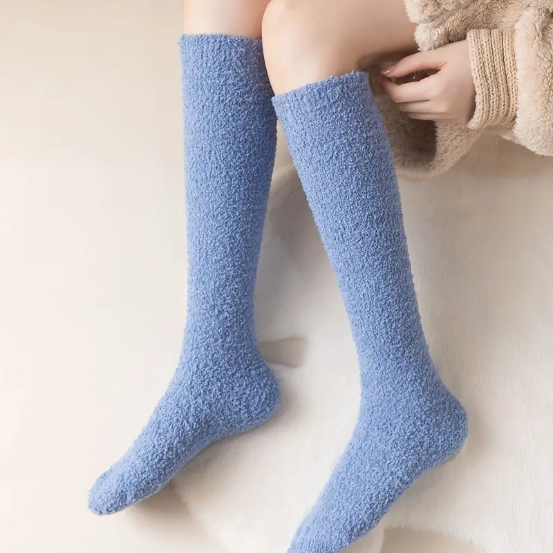 Winter Warm Coral Fleece Over-knee High Socks Woemn Colorful Warm Home Knee High Floor Fuzzy Socks Keep Warm Home Floor Sock