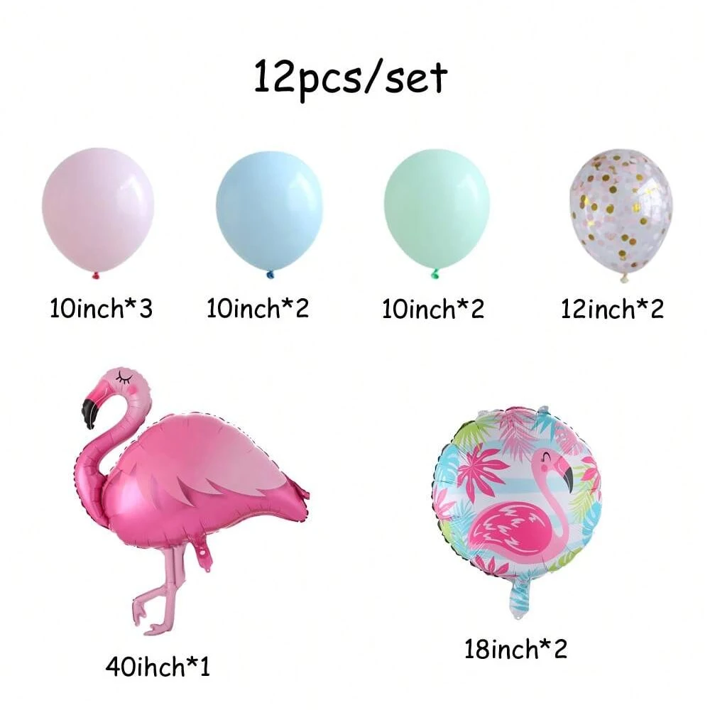 12pcs Pink Flamingo Balloon Set Confetti Latex Balloons Suitable for Tropical Hawaiian Theme Girls Birthday Party Wedding Decora