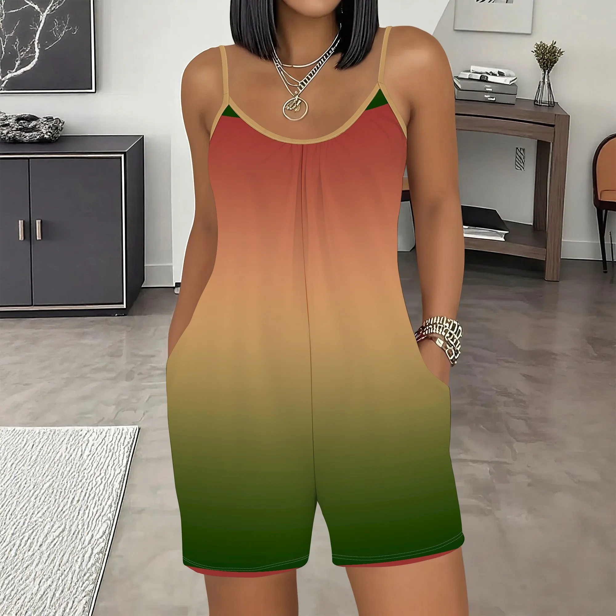 

Gradient Print Romper, Sleeveless Jumpsuit, Pocket Shorts, Summer Casual Wear, Beach Vacation Outfit, S-2XL
