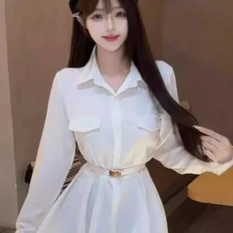 Korean Style  Collar Long Sleeve Shirt Dress Women's Autumn New Design Slimming A-Line Short Skirt Comfortable Breathable
