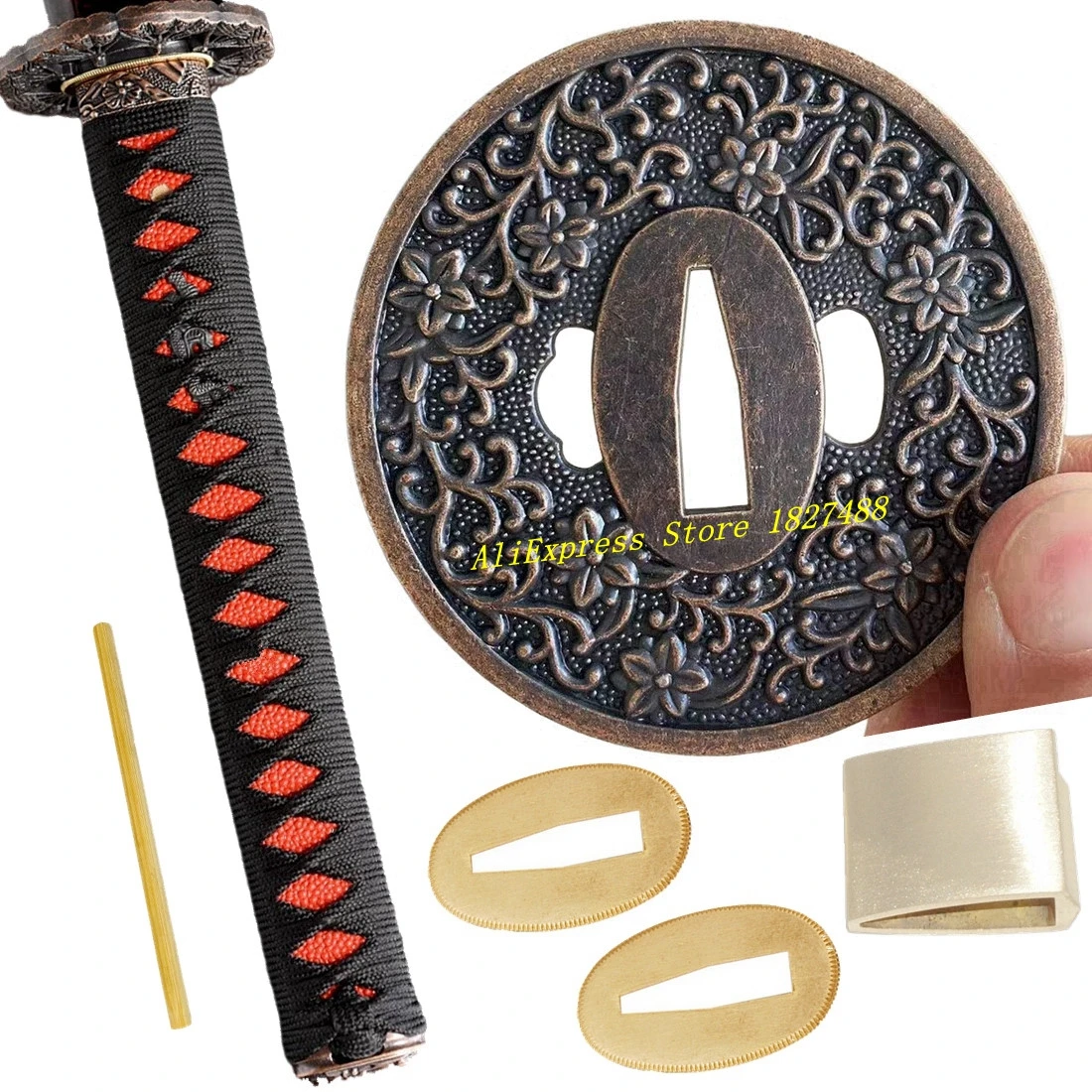 Japanese Samurai Sword Katana/Wakizashi/Tanto Knife Handguard Fittings Set Alloy Tsuba+Menuki+Fuchi+Kashira+Handle+Habaki+Seppa