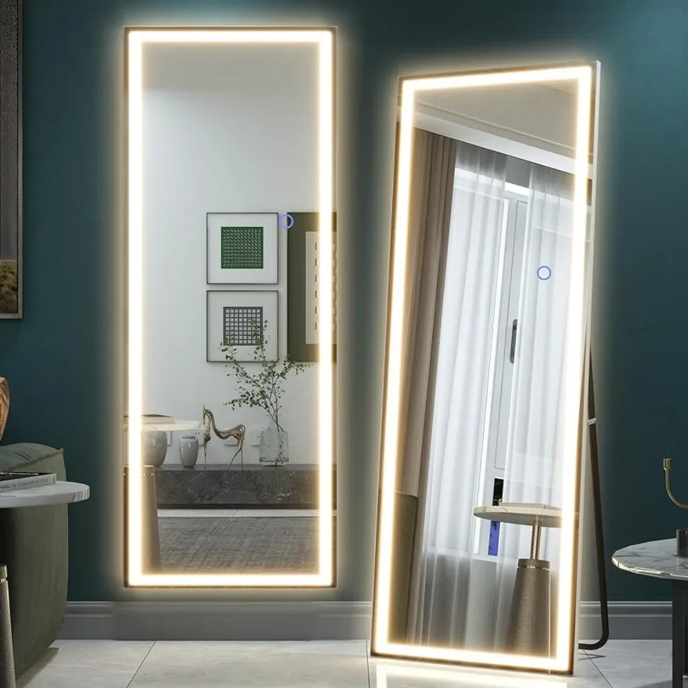 Floor Length Mirror Full Body Mirror With Led Light Dimming  3 Color Modes Silver Bedroom Mirrors Big Standing Living Room Home