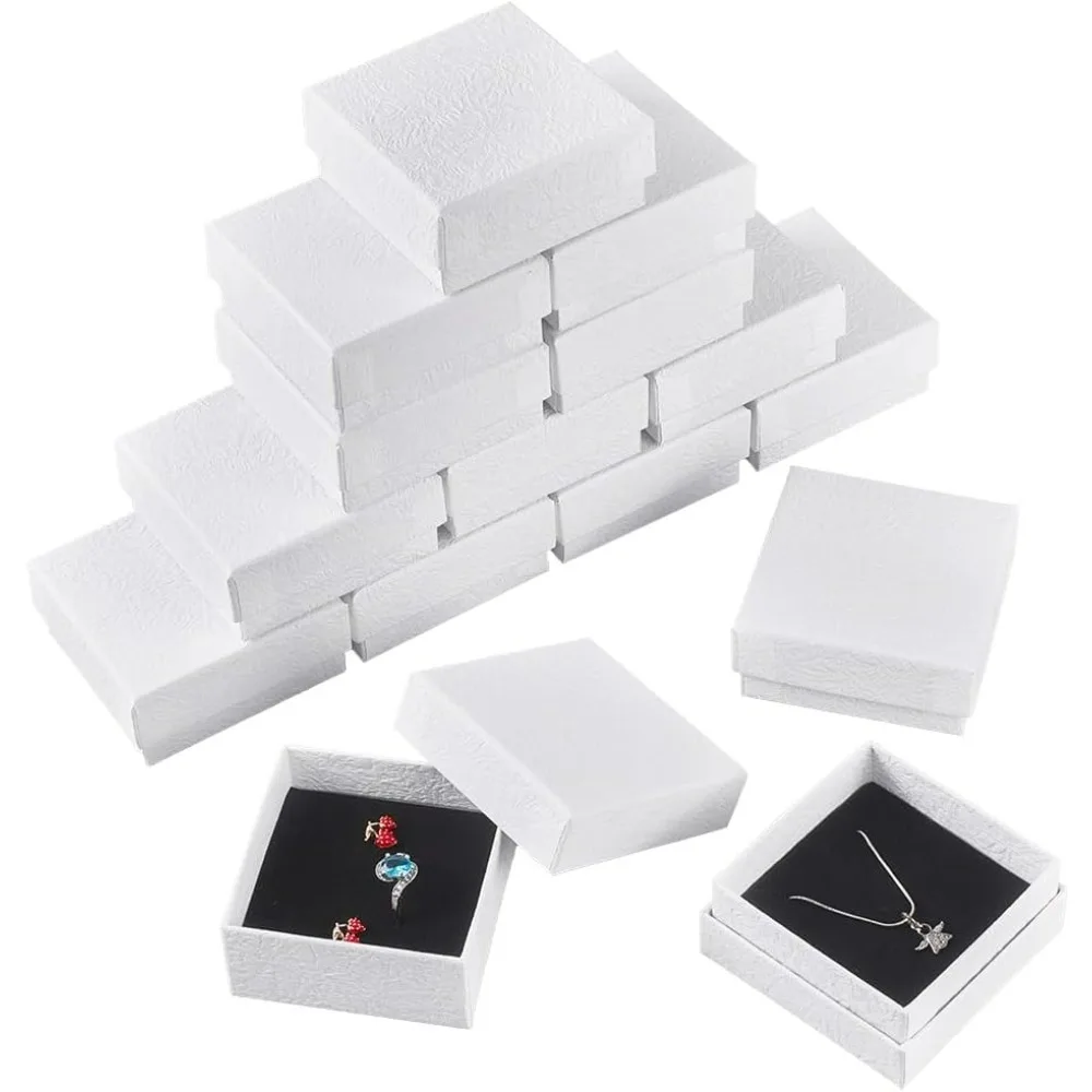 16 Pcs Texture Paper Jewelry Gift Boxes 3.58x3.58x1.14 Inch Square Jewelry Storage Case with Sponge Mat Inside Small Gift White