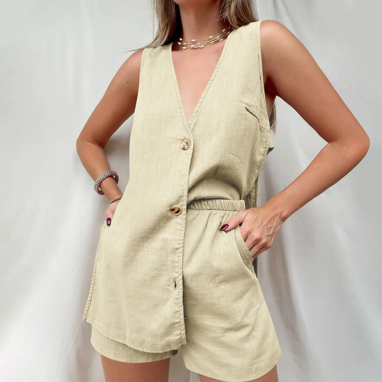 Vinatge Cotton Linen Casual Women Set Fashion Summer Shorts White Sleeveless Vest+Pockets Pants Female 2 Pieces Sets Street