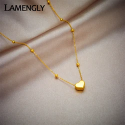 LAMENGLY 316L Stainless Steel 3-Color Heart LOVE Pendant Necklace For Women New Trend Girls Beads Chain Jewelry Festive Gifts