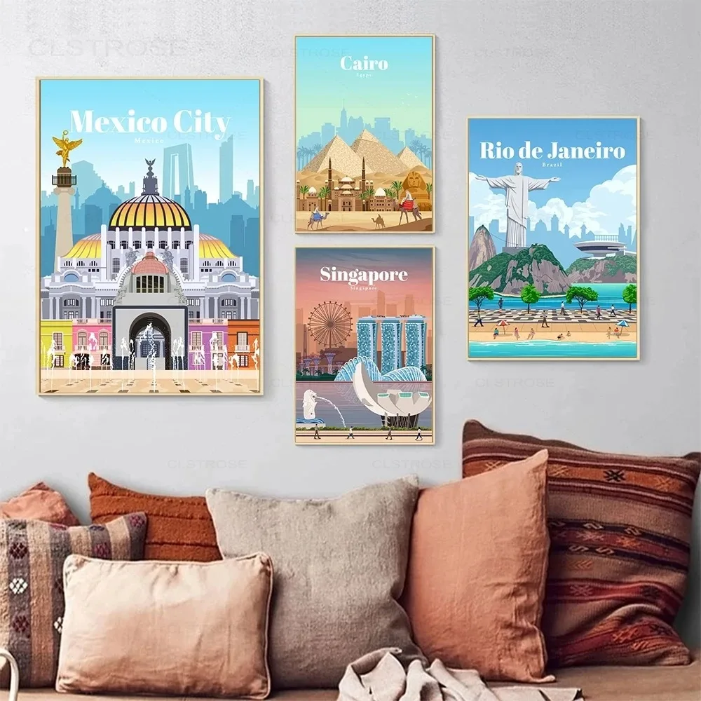 City Travel Landscape Poster Spain Australia Singapore Mexico Agra Canvas Prints Nordic Wall Art Picture Livingroom Office Decor