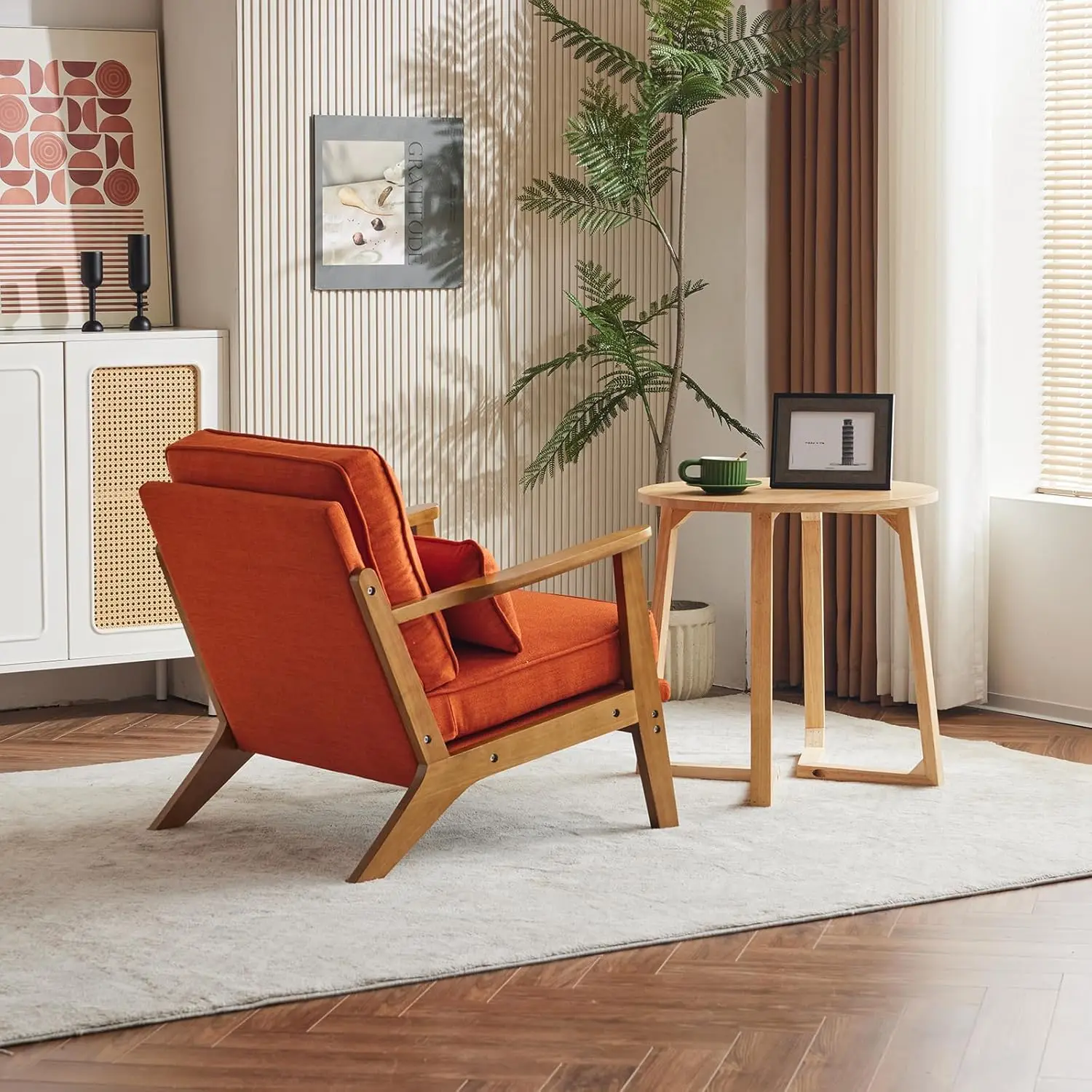 Silla de salón de mediados de siglo con reposabrazos de EE. UU., sillón de tela de lino con almohada lumbar y estructura de madera maciza para sala de estar, color naranja quemado