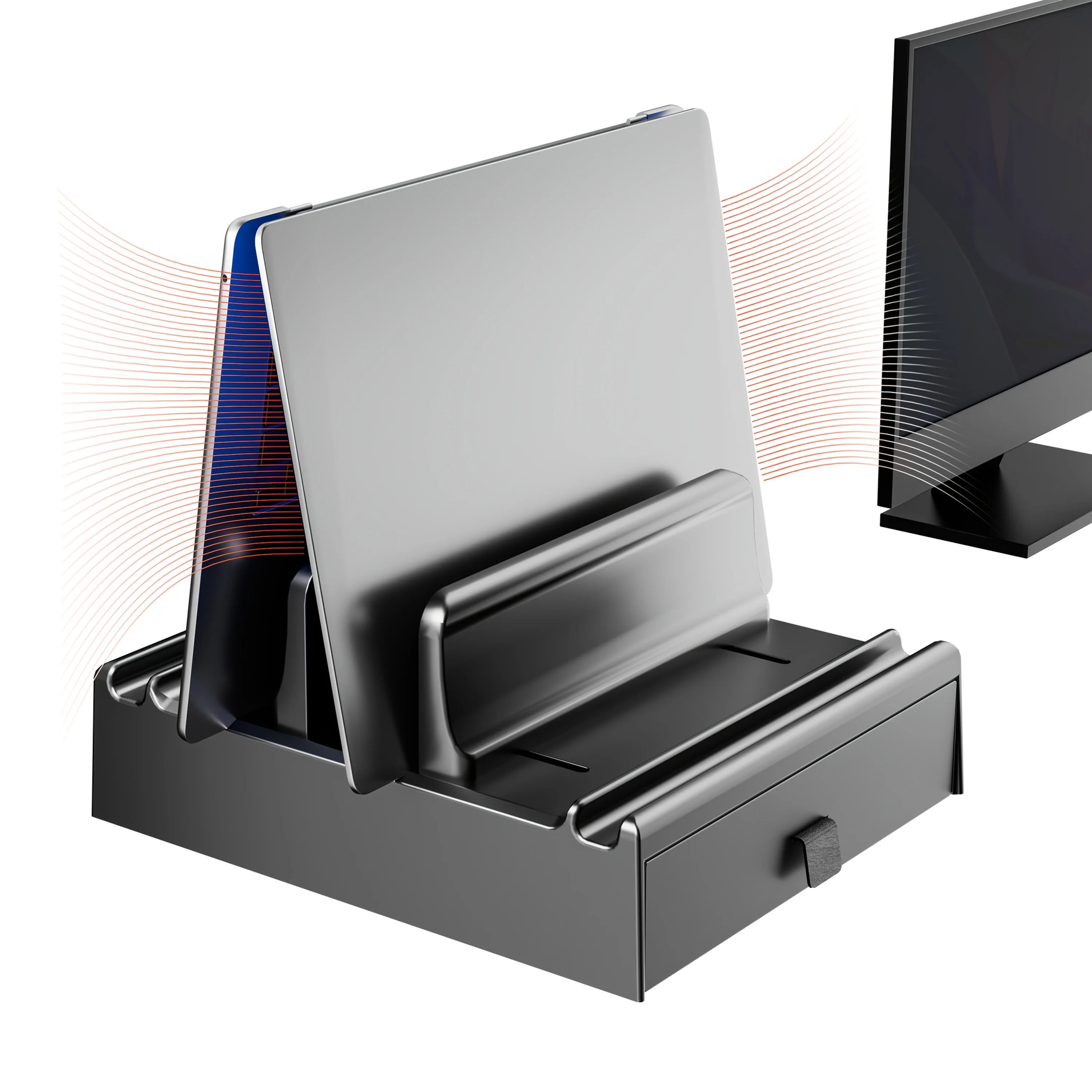 Vertical Laptop Stand With Drawer Dual Slot 4‑in‑1 Adjustable Desktop Organizer Compatible For MacBook Chromebook Surface Dell