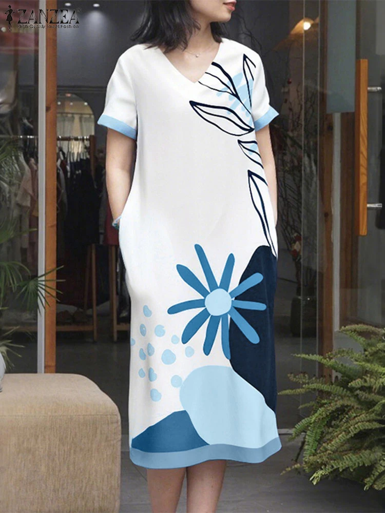 ZANZEA V-Neck Floral Print Vestidos Mujer Woman Short Sleeve Casual Loose 2025 Summer Midi Robes Femme Day Wear T-Shirt Dresses