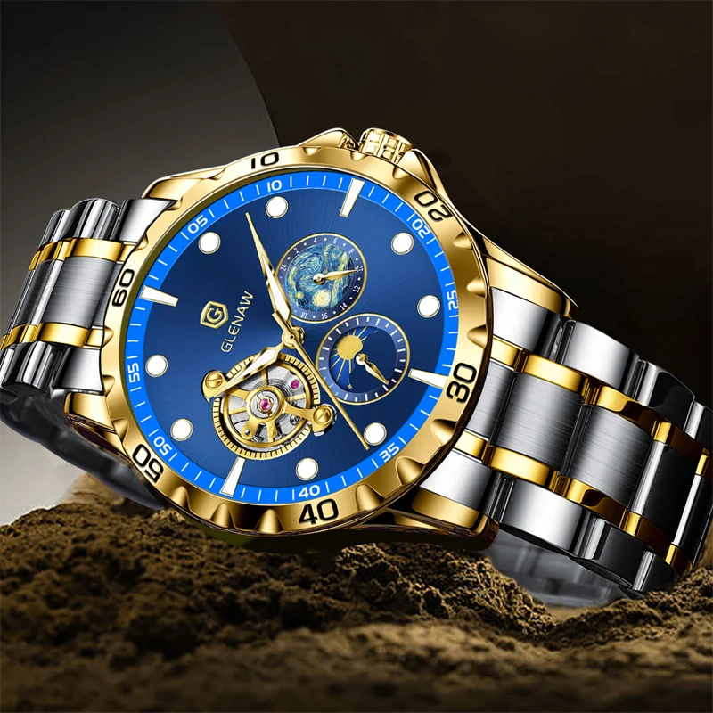 2024 GLENAW Original Design High end Brand Men\'s Automatic Mechanical Watch Casual Fashion Stainless Steel Strap Waterproof+Box