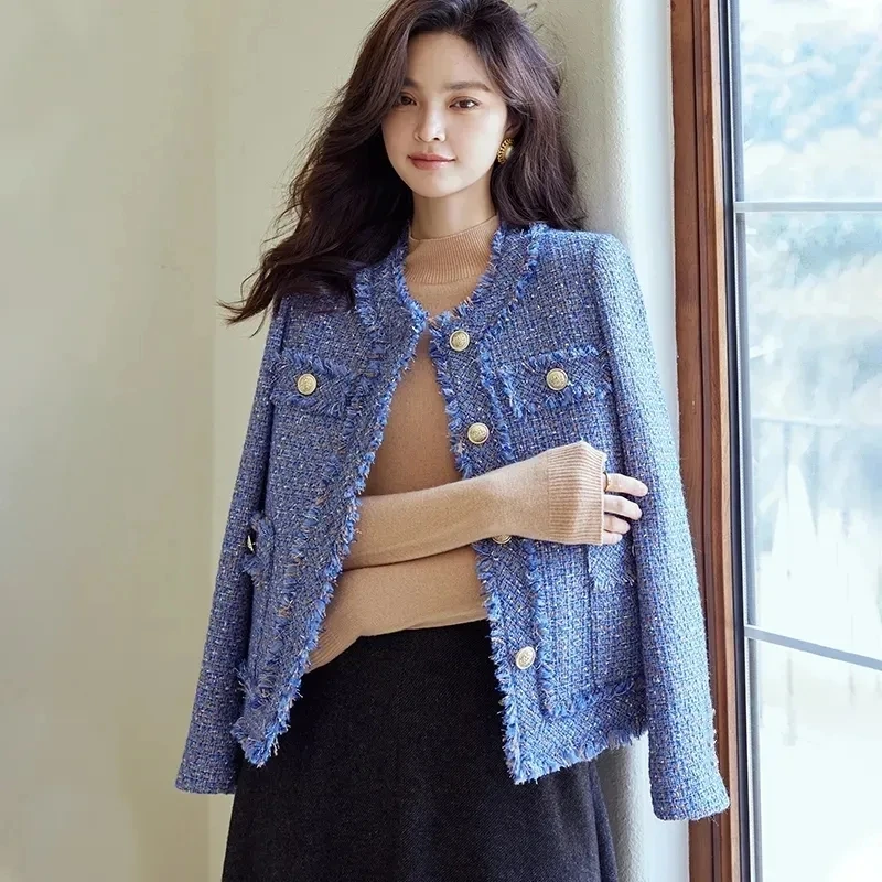 

2023 Coat Autumn Tweed Short Blue Tassel High Quality Round Neck Women's Jacket