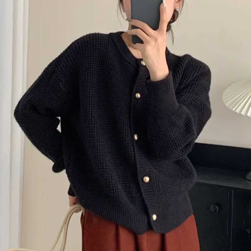 Casual Loose Hecks Knitted Cardigan Soft Comfort Versatile O-Neck Sweater Coat Woman Korean Fashion Solid Button-up Cardigans