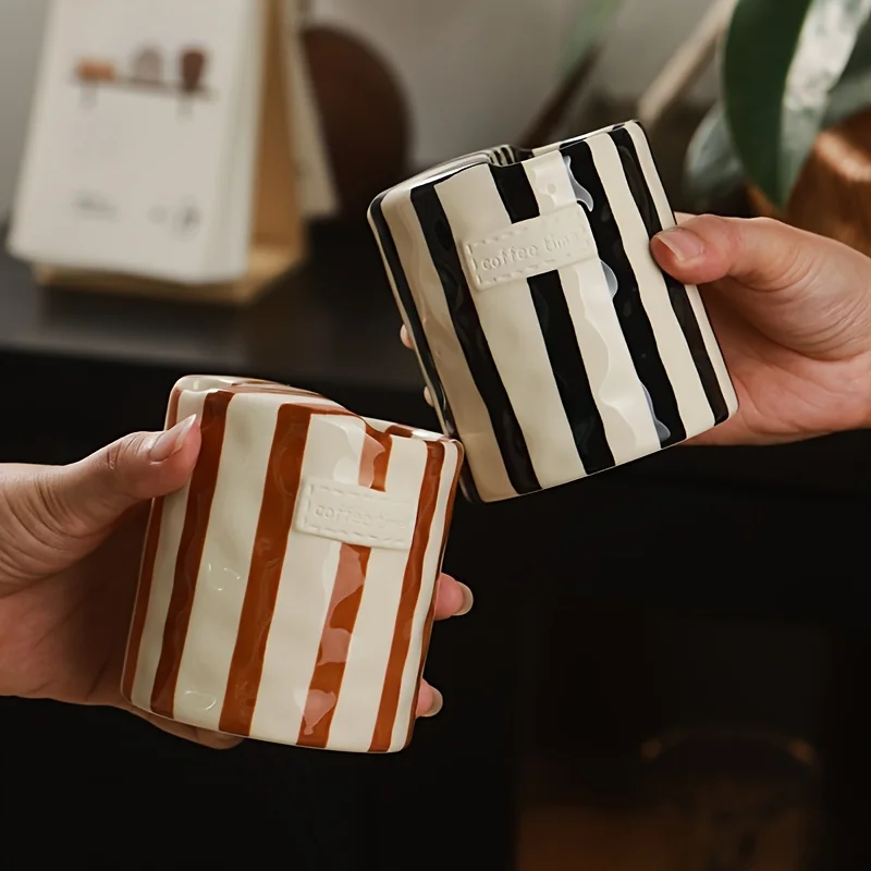 Retro Striped Ceramic Mug Handmade Irregular Cup with Straw Slot Coffee Time Embossed 300ml Home Kitchen Coffee Cup