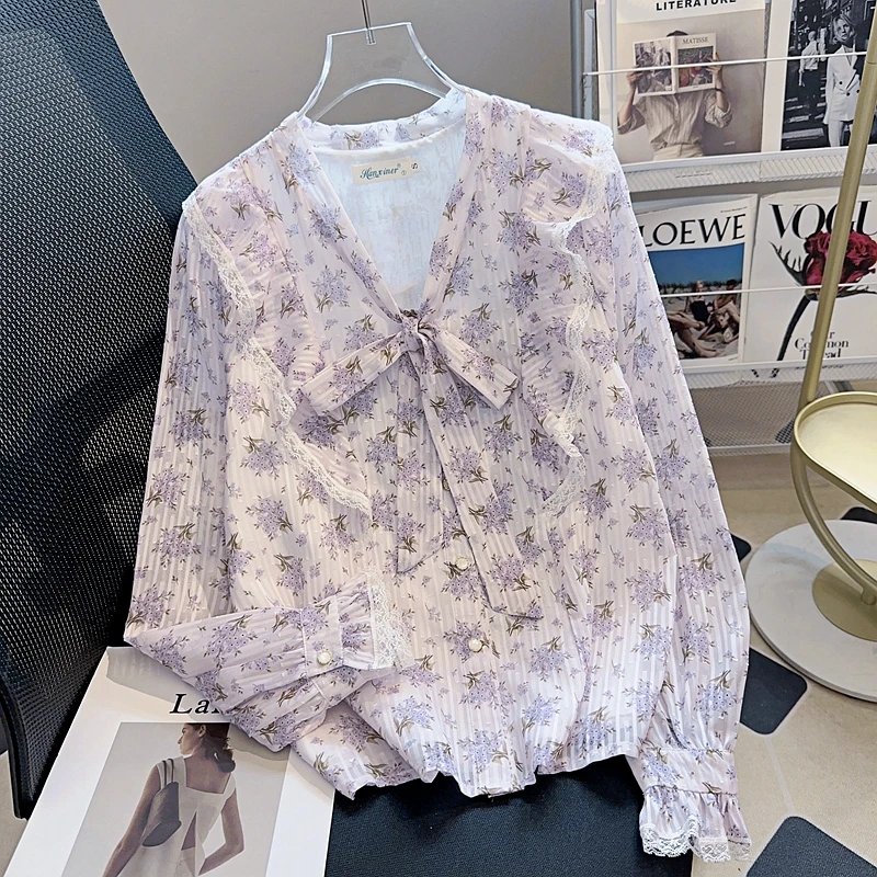 レディースシャツブラウス新作長袖ボウカラープリントフリルシャツブラウス女性トップスブラウスシャツブラウスブラウスパラムヘール2025 Q602