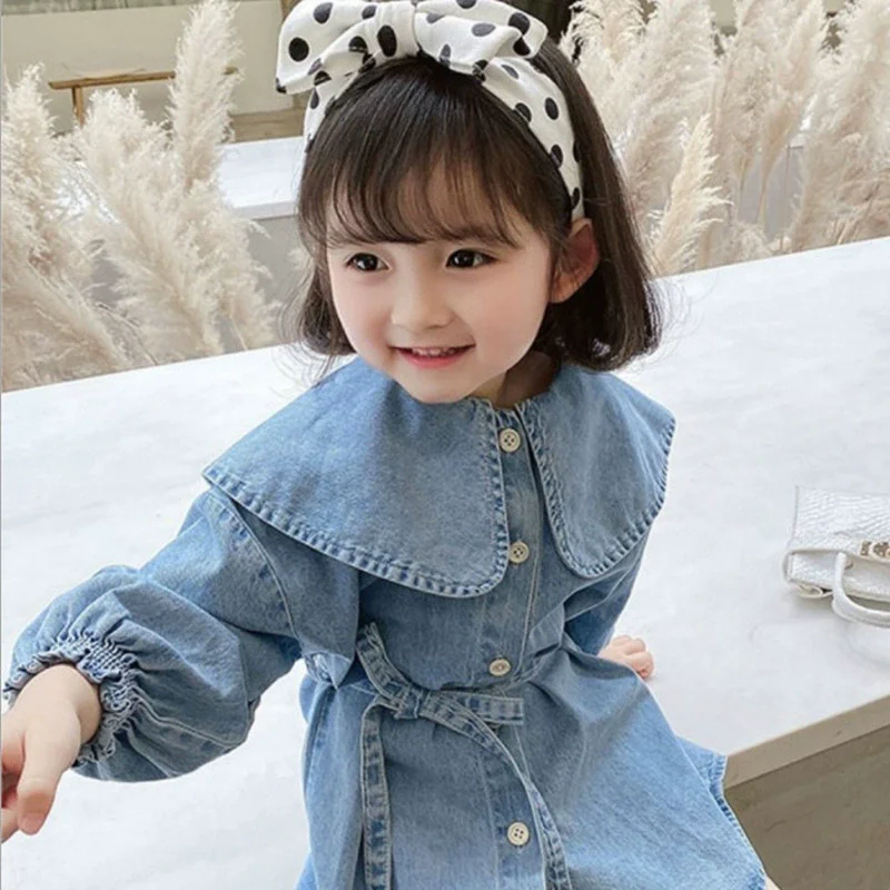 Spring Summer Baby Girls Cotton Single-Breasted Sailor Collar Lace Up Denim Blue Dresses Children Sweet Skirt Kids Outfits 2-8Yr