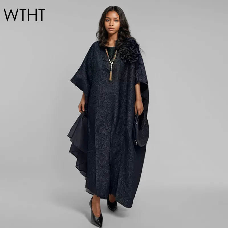 WTHT Fashion Women Solid Color Spliced Flower Mesh Loose Dress 2024 Autumn Trendy O-neck Irregular Design Dresses Female 1LS206