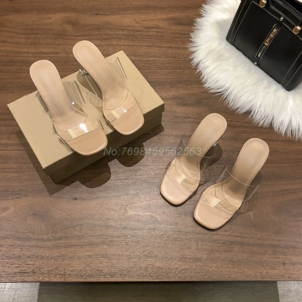 Transparent Heel Elegant Slippers Chunky Square Toe Straps Women Nude 2024 Outside Slippers Dress Designer Luxury Brand New