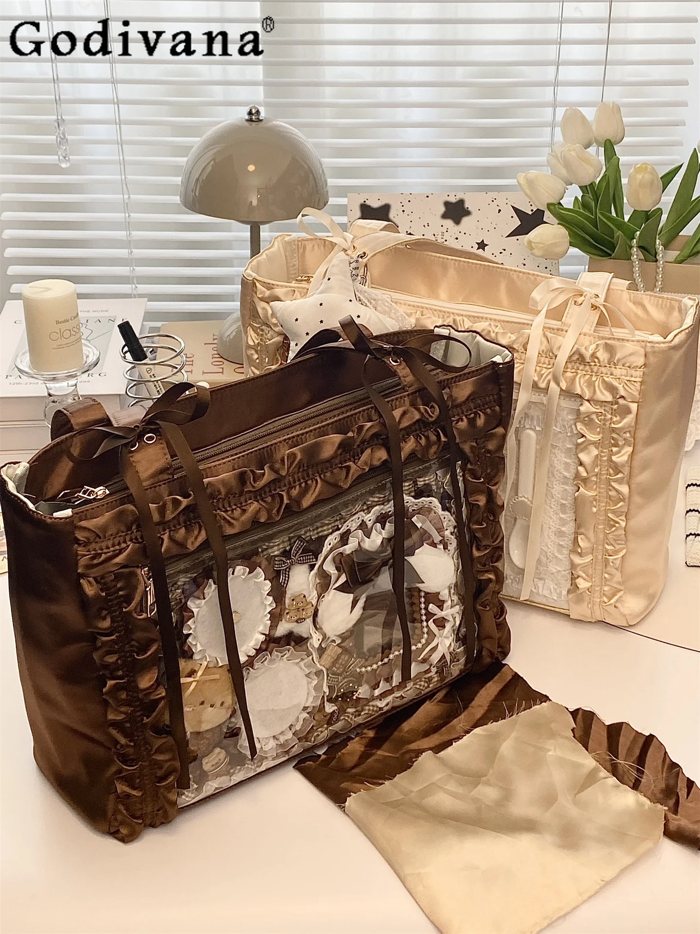 

Japanese Style Original Lolita Lace Satin Large Capacity Pain Bag Student Daily Commute Casual Versatile Shoulder Bag for Women