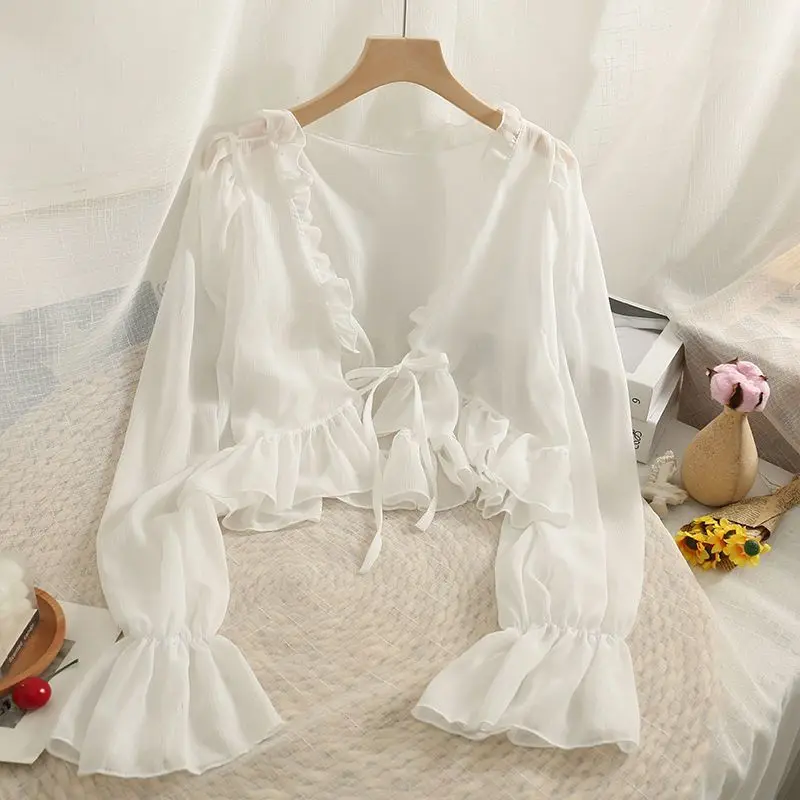 سترات نسائية مكشكشة واقية من الشمس بأكمام مضيئة جمالية ملابس صيفية قابلة للتنفس ملابس غير رسمية متينة شفافة ملابس خارجية #4