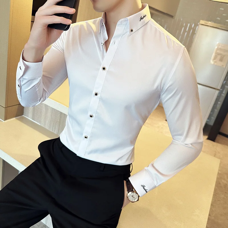 New Korean Neckline Embroidery Shirts Men Long Sleeve Business Slim Casual Shirts Formal Office Social Party Tops Men Clothing