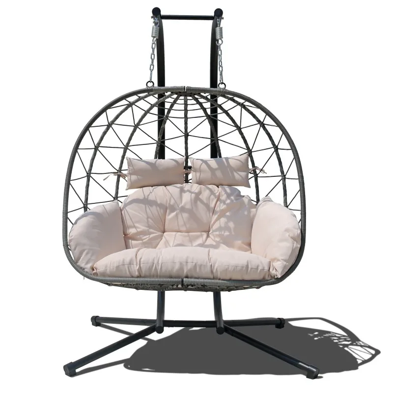 2-Person Hanging Egg Swing Chair with Stand, Wicker Outdoor Chair w/ Cushions