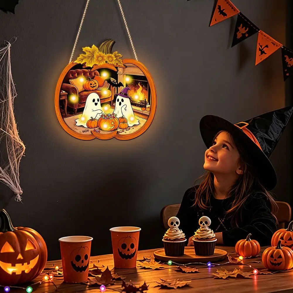 Cartoon Ghost Halloween Pumpkin Light-up Signage LED Lamp Scenery Layout Wall Hanging Plaque Multi-functional Lighted Pumpkin