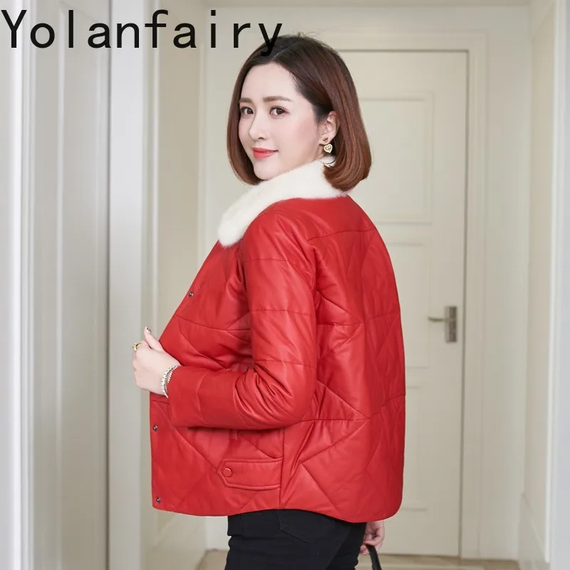 YOLANFAIRY Sheepskin Genuine Leather Jacket Women Loose Fashion Winter Short Down Coat Mink Collar Outwears New Jaqueta Feminina