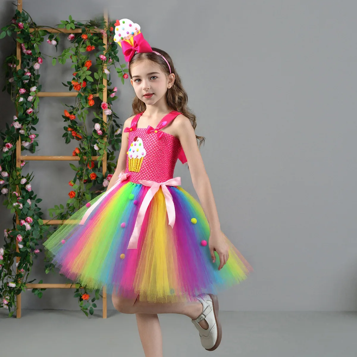 Candyland Tutu Dress Girls Lollipop Costume Dress Halloween Birthday Party Outfit Rainbow Kids Princess Gown Dresses with Wing
