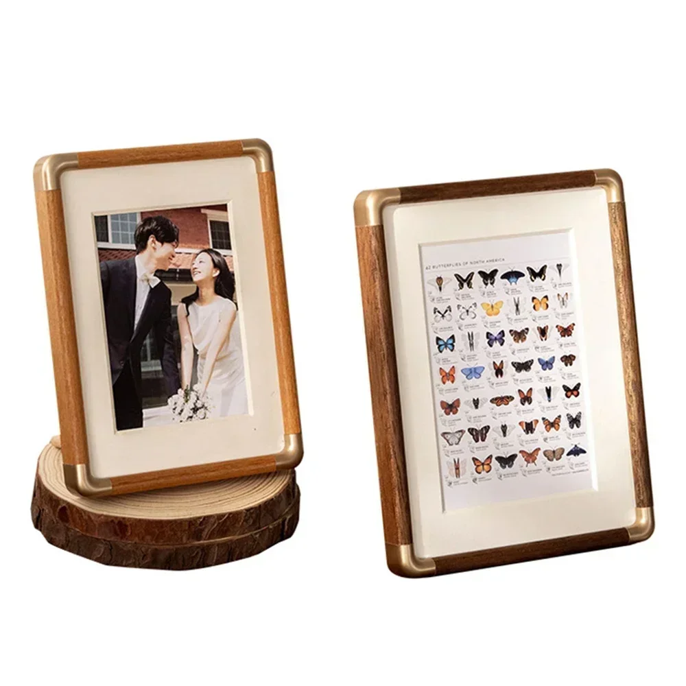 Solid Wood Photo Frame 5/6/7/8 Inches Walnut Photo Frame Vintage Desktop Decorations Brass Horn DIY Wood Crafts