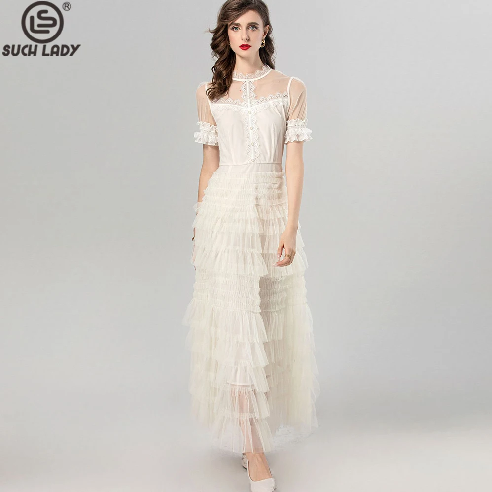 

Women's Dress O Neck Short Sleeves Embroidery Lace Sexy Tulle Laid Over Tiered Ruffles Elegant Maxi Party Vestidos