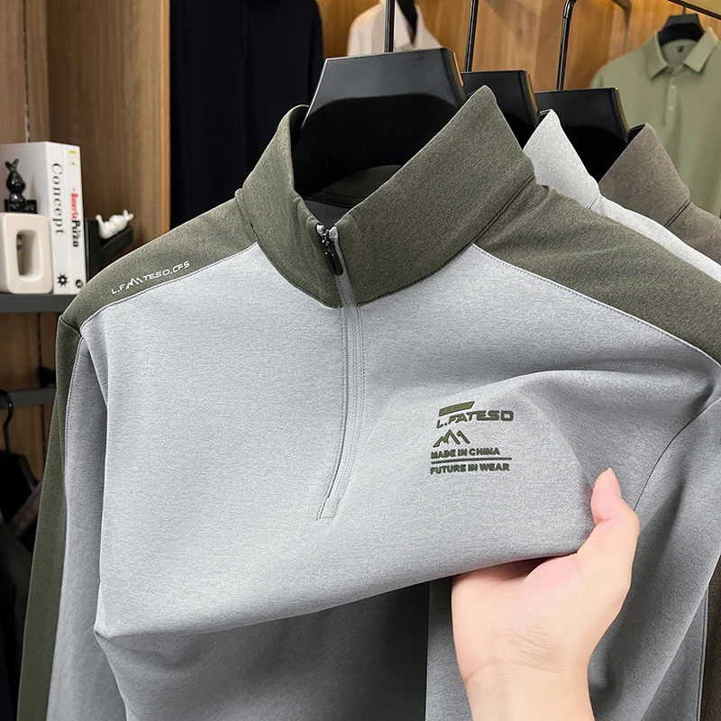 Luxury half zipper stand collar sweatshirt men trend brand letter embossed color blocked long sleeve T-shirt new casual pullover