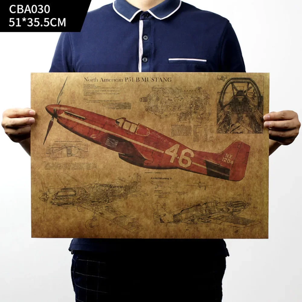 P51 B MUSTANG Poster Wall Chart Fighter Jet Structure Vintage Kraft Paper Print Artwork Wall Art Painting Home Decor Stickers