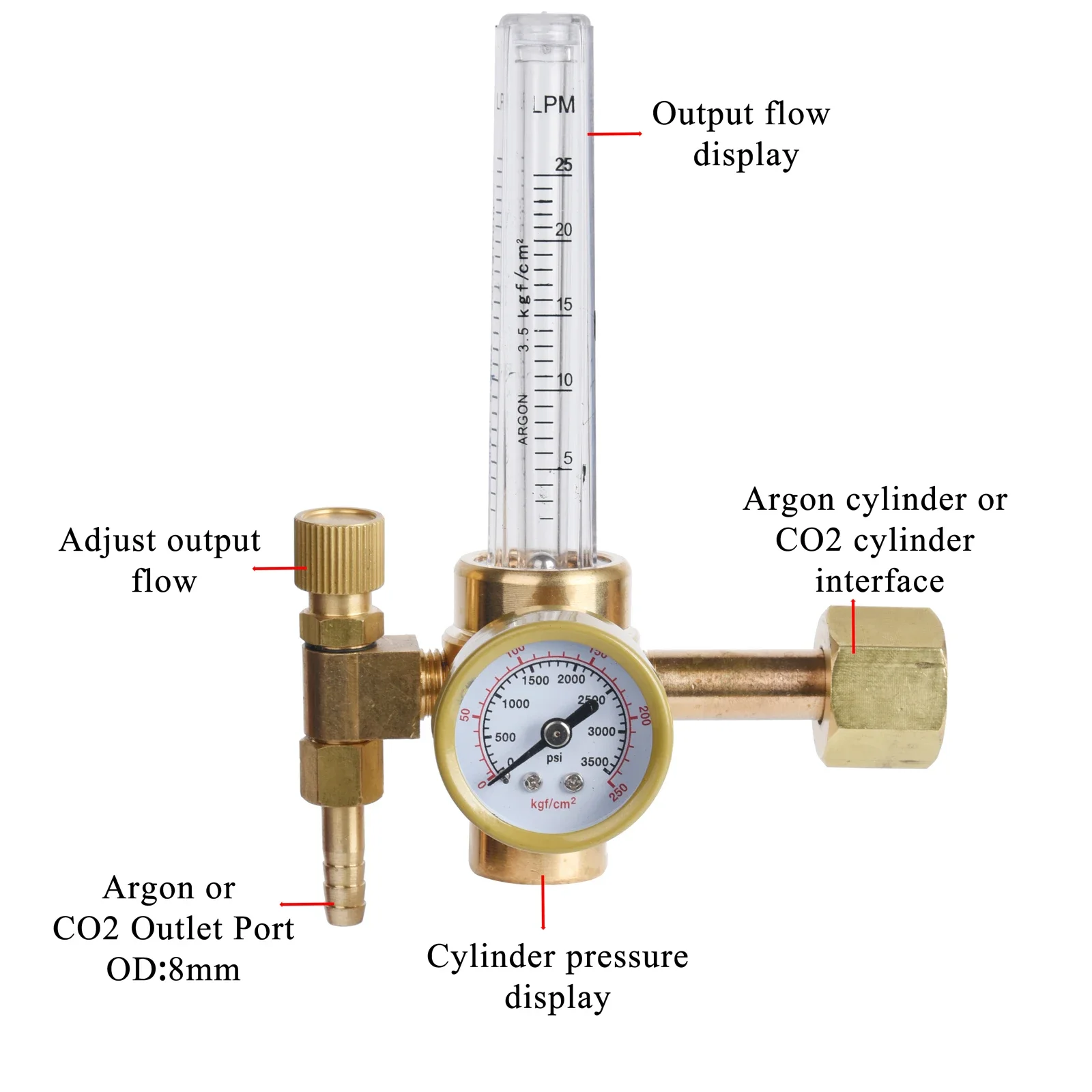 All Brass  Argon/CO2 Mig Tig Flow Meter Gas Regulator Gauge Welding Weld 0-60CFH W21.8 x1/14\