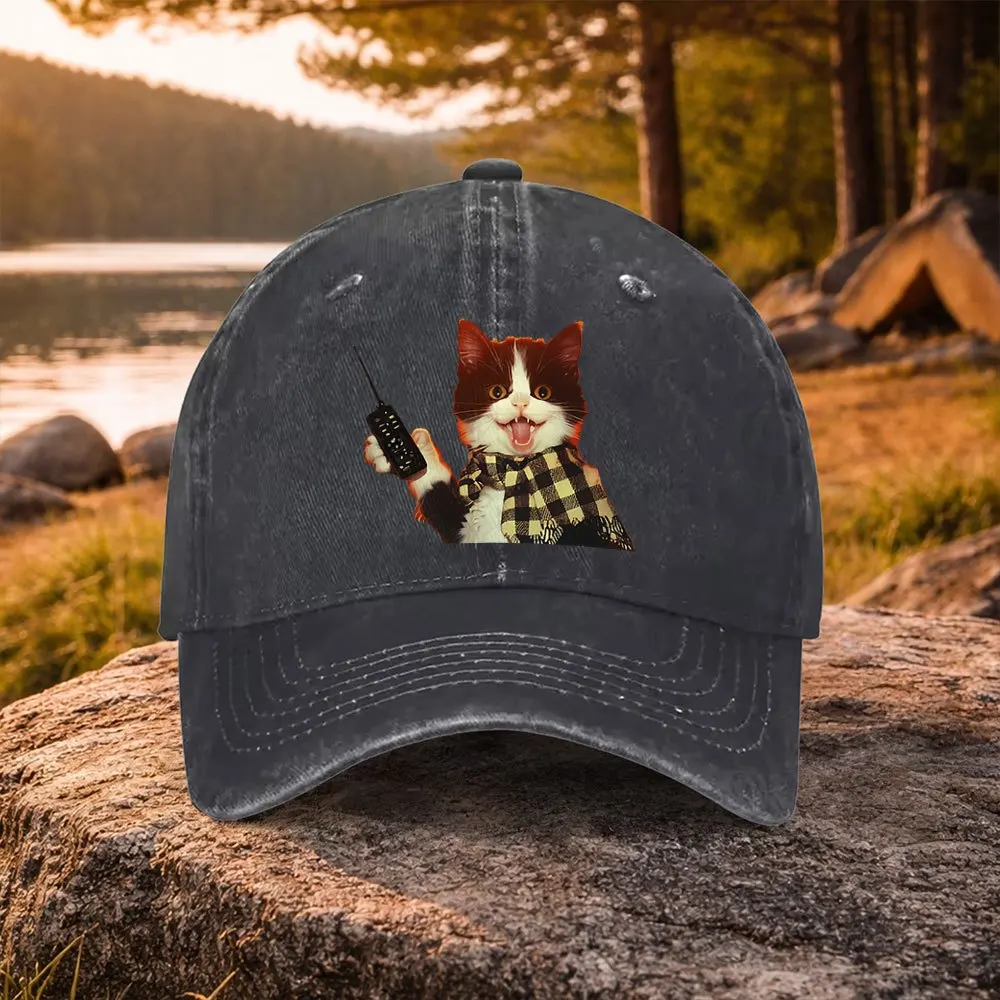 Casual Versatile Cat Remote Control Print Washed Baseball Cap Suitable for Golf, Casual Wear And Outdoor Activities, Golf Access
