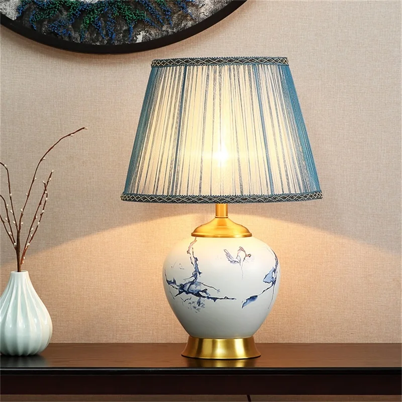 TEMAR Ceramic Table Lamps Blue Brass Luxury Desk Light Fabric for Home Living Room Dining Room Bedroom Office