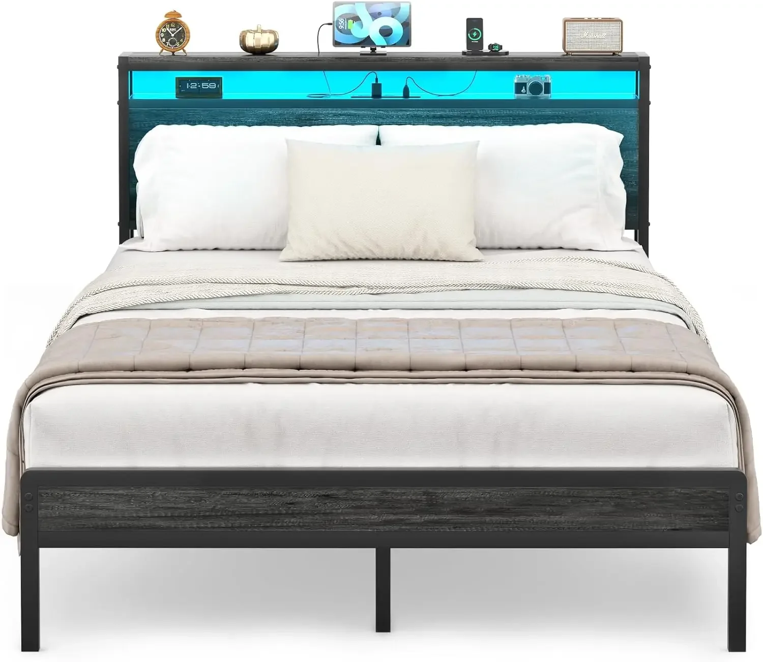 Full Size Bed Frame with Charging Station and Led Lights, Industrial Metal Platform Bed with Storage Headboard, Steel S