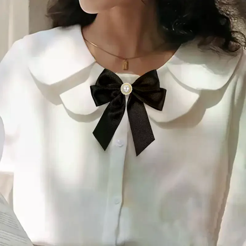 شريط أسود القوس اللؤلؤ بروش للنساء تنوعا قميص طوق دبابيس الملابس الديكور الشريط التعادل مجوهرات اكسسوارات هدايا #2