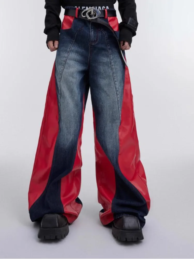 Autumn Winter Heavyweight Niche Retro Washed Patchwork Contrasting Jeans PU Leather Design Deconstruction Loose Pants