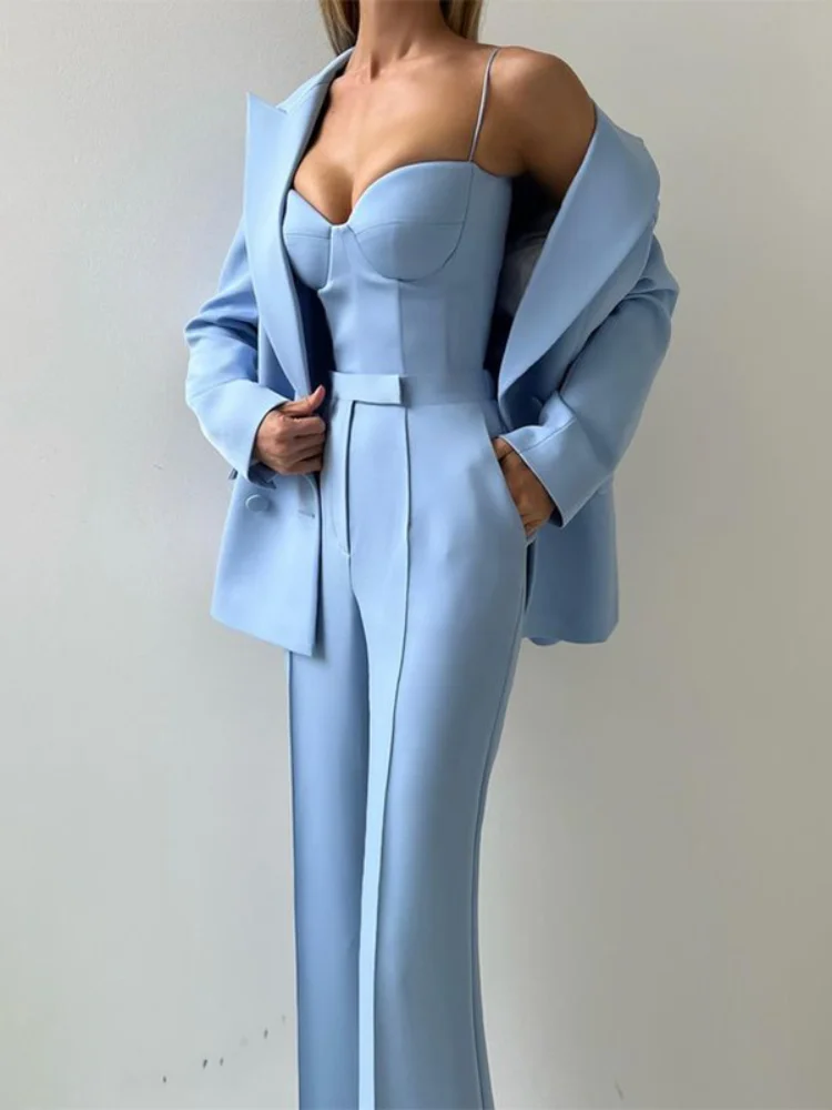 Women Sharp Suit Set Loose Long Sleeve Blazer Bandeau Waist-Cinching Top Structured Wide-Leg Trousers 2026 Office Business Wear