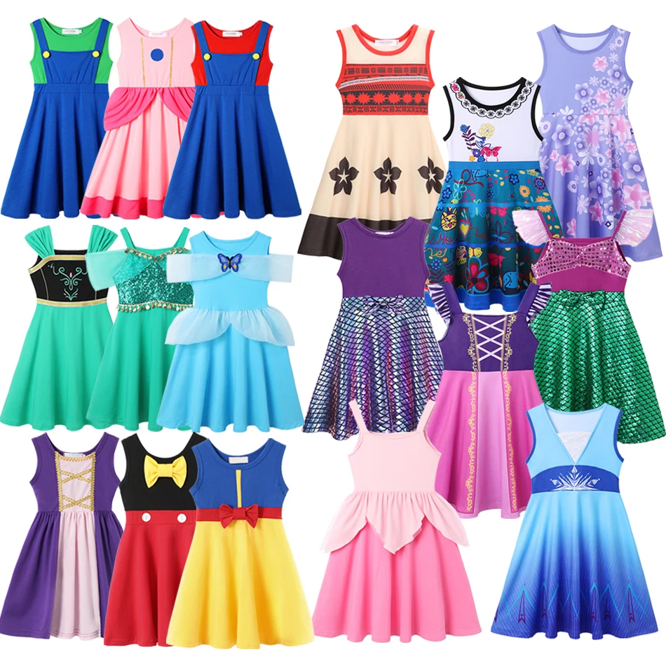 Summer Girls Cute Ariel Princess Snow white Dress Casual Mirabel Isabella Dress Peach Cute Children Rapunzel Princess Dress