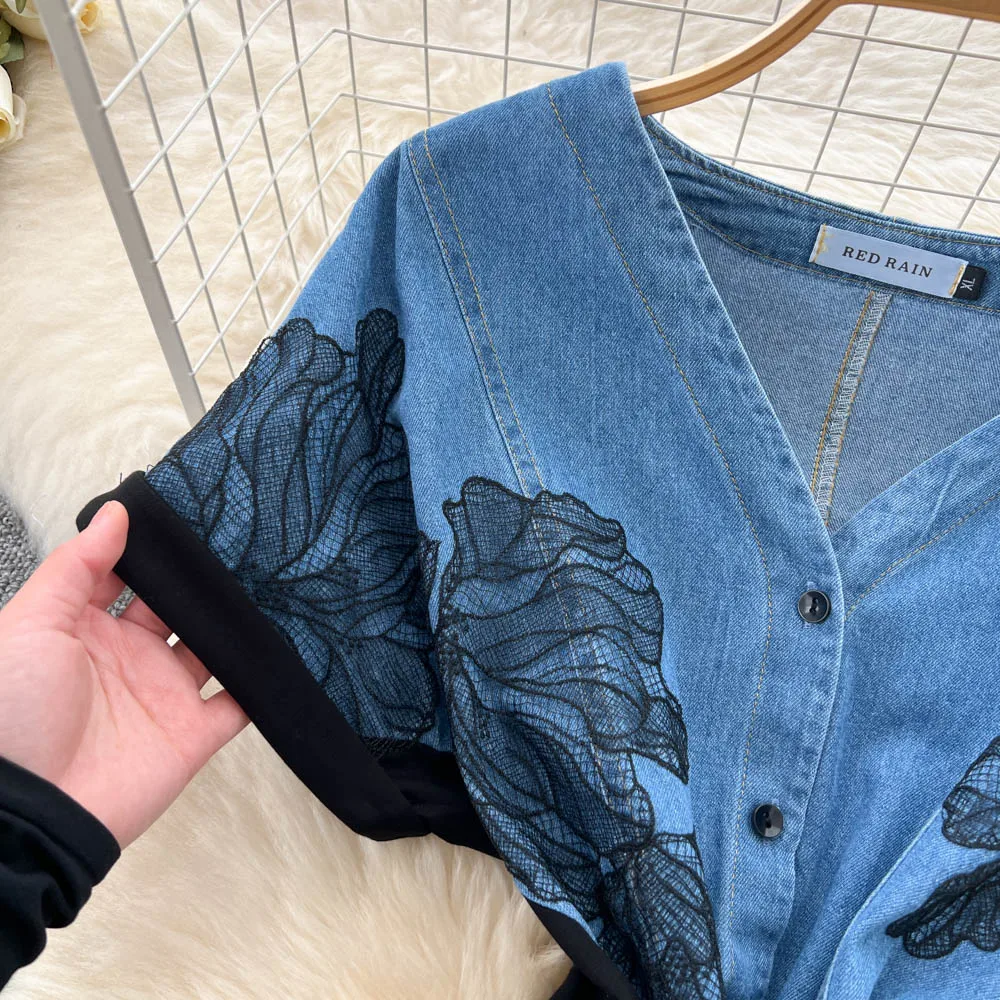 Chic vintage manica corta Bottone ricamato Impiombato Elegante fata moda coreana Boho Vestito estivo abbigliamento donna