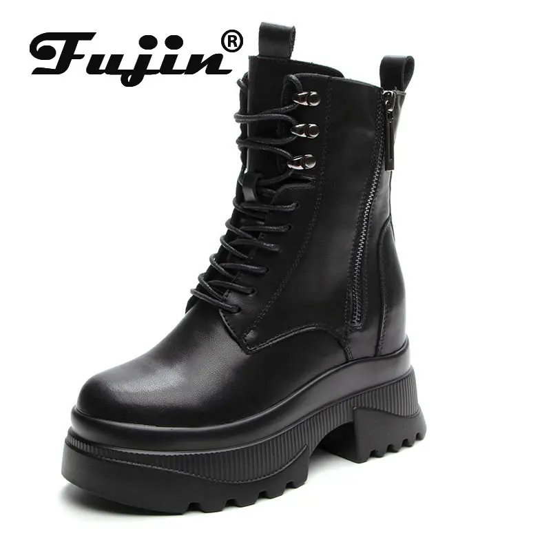 

Fujin 9cm Genuine Leather Ankle Booties Women Fashion Winter Motorcylce Ankle Boots Autumn Ladies Hidden Heels Plush Warm Shoes