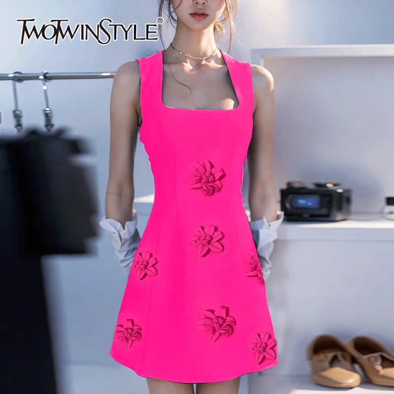 

TWOTWINSTYLE Patchwork Appliques A Line Dress For Women Square Collar Sleeveless High Waist Solid Slimming Mini Dresses Female