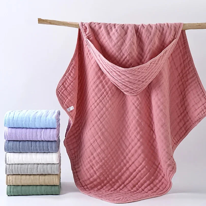 6-Layer Hooded Baby Bath Towel 90x90cm Pure Cotton Gauze Swaddle Blanket Delivery Room Wrapping Soft Infant Towel Solid color