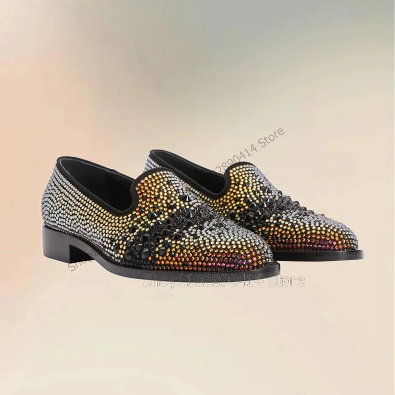 

Colorful Rhinestone Black Rivets Penny Loafers Fashion Slip On Men Shoes Luxurious Handmade Party Feast Banquet Men Dress Shoes