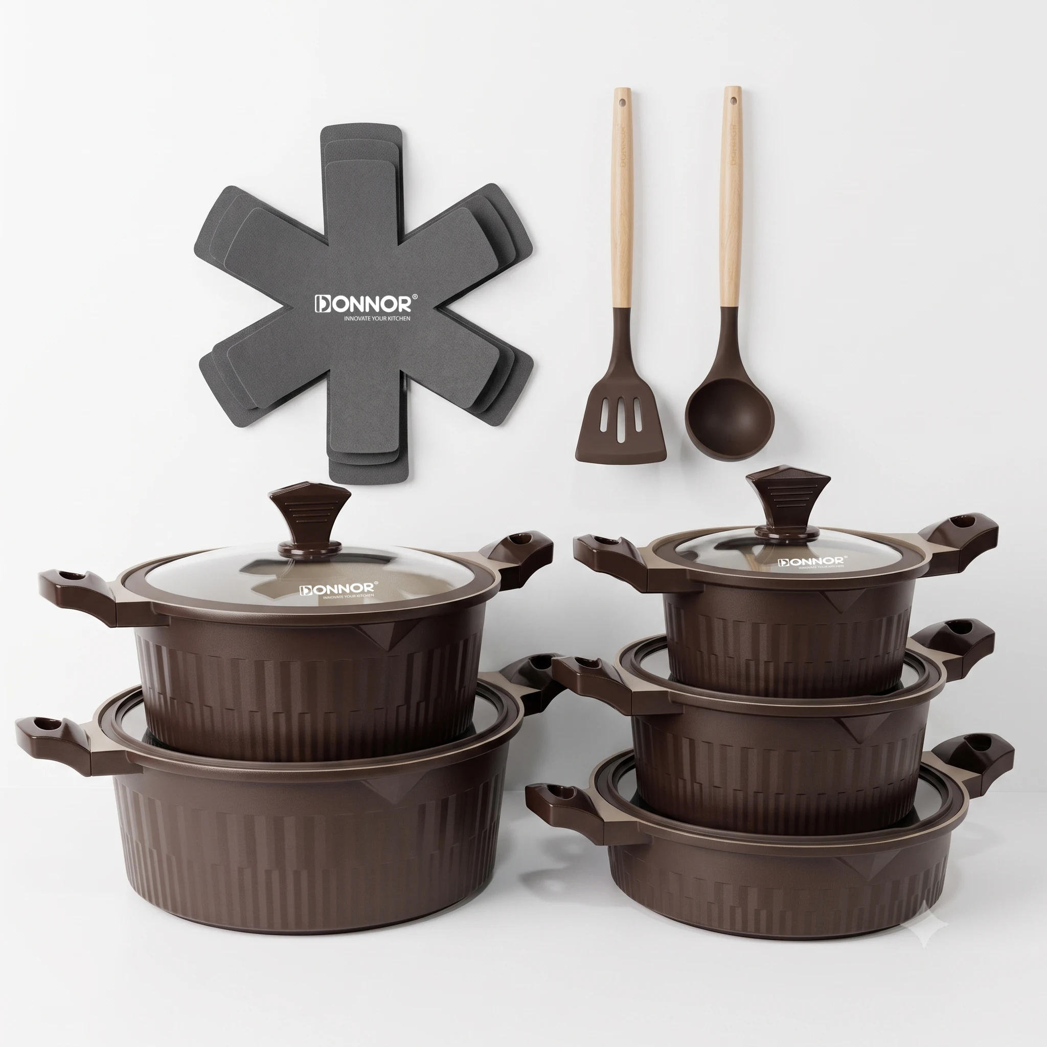 Donnor 15PCS Nonstick Cookware Set, 20/24/28/32cm Pots+28cm Pan, Capsule Bottom, Stackable, w/ Silicone Lids  PFOA/Lead Free