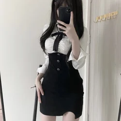 Spring Autumn Slim Waist Bodycon Black Strap Dress+ Lapel Neck Ruched Bow Long Sleeve Blouses 2024 New Two Piece Sets