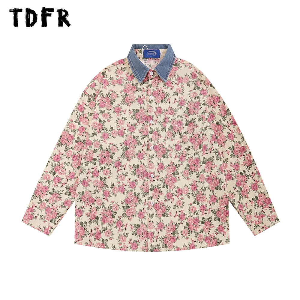 Flower Full Print Long Sleeve Shirts Mens Spliced Lapel Autumn Loose Casual Retro Single Breasted Shirts Men