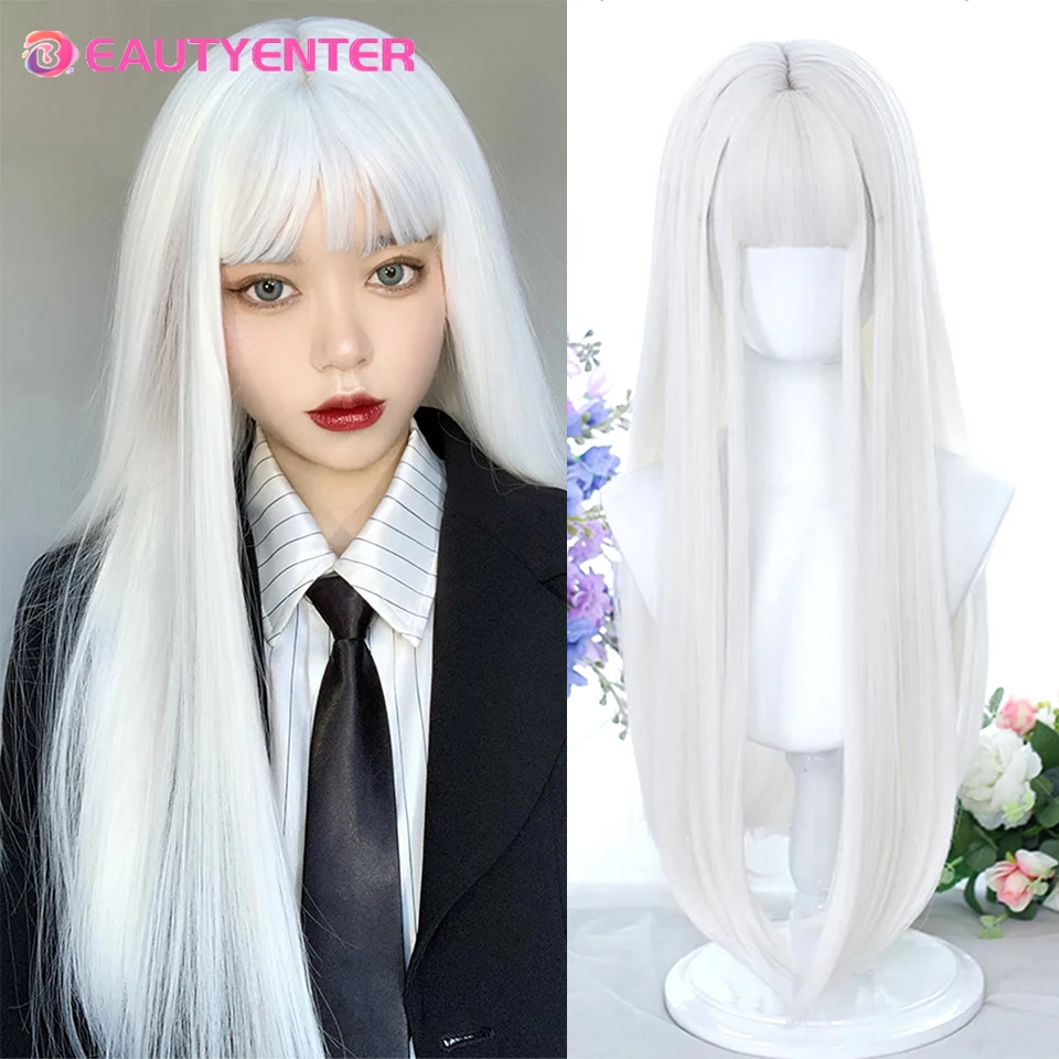 

White Ladies Long Straight Hair With Bangs Cosplay 28 Inch Pure White Wig Anime Lolita Heat Resistant Fiber Synthetic Wig